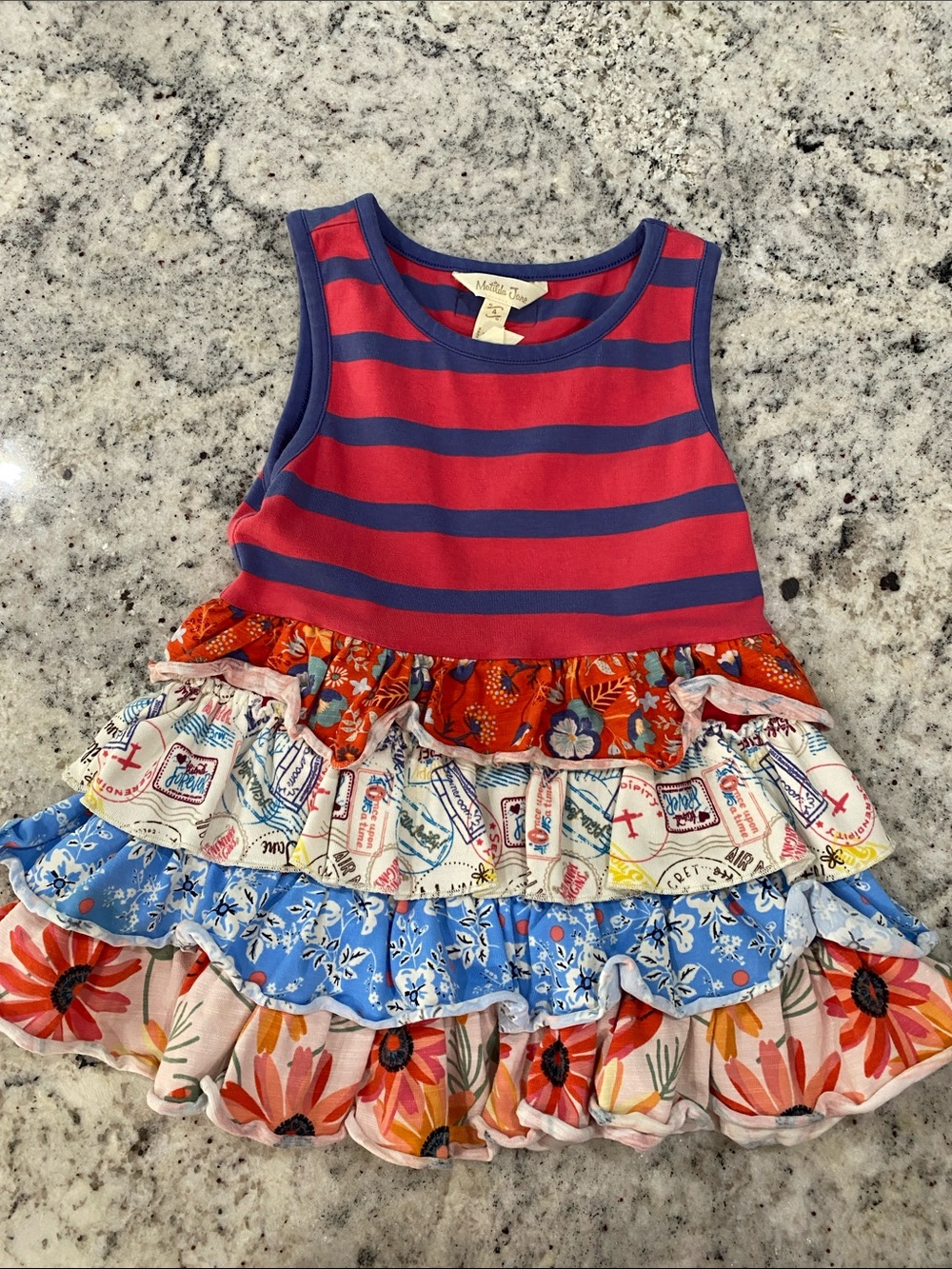 Matilda Jane Red & Blue Striped Ruffle Tank Dress with Mixed Print Tiers